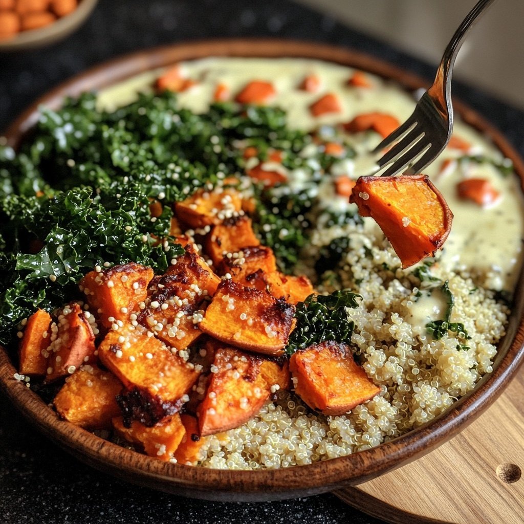 Süßkartoffel-Buddha-Bowl mit Grünkohl und Quinoa