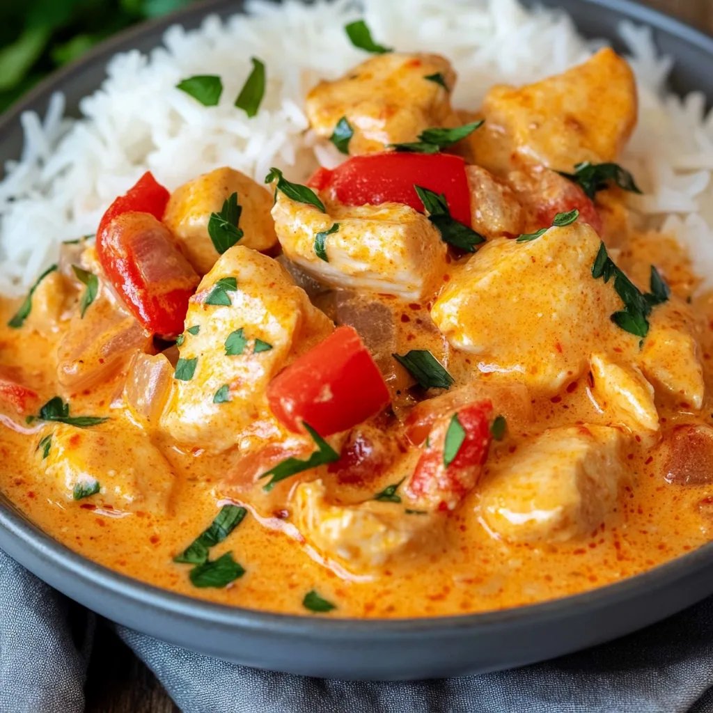 Paprika-Sahne-Hähnchen mit Reis